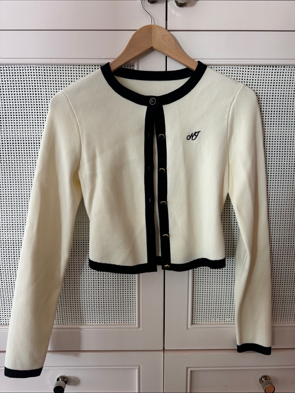 Nana Jacqueline Cream Cardigan with Black Trim and Gold-Tone Buttons